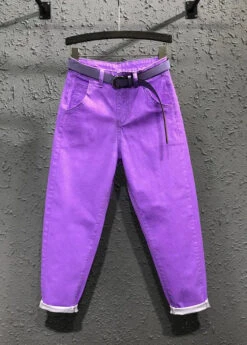 Novelty Purple Pockets Patchwork Sashes Crop Pants Fall ML0764