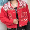 Novelty Red Peter Pan Collar Nail Bead Button Denim Coats Long Sleeve LY6010