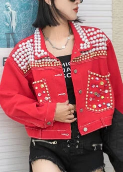 Novelty Red Peter Pan Collar Nail Bead Button Denim Coats Long Sleeve LY6010