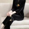 Organic Black Embroideried Button Silk Velour Two Piece Set Fall ML0878 -Ada Fashion Organic Black Embroideried Button Silk Velour Two Piece Set Fall Ada Fashion 164381750