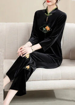 Organic Black Embroideried Button Silk Velour Two Piece Set Fall ML0878
