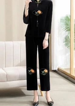 Organic Black Embroideried Button Silk Velour Two Piece Set Fall ML0878 -Ada Fashion Organic Black Embroideried Button Silk Velour Two Piece Set Fall Ada Fashion 164382135
