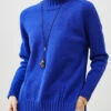 Organic Blue High Neck Side Open Knit Sweater Spring YU1065