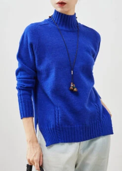 Organic Blue High Neck Side Open Knit Sweater Spring YU1065 -Ada Fashion Organic Blue High Neck Side Open Knit Sweater Spring3