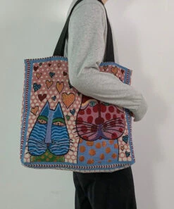 Organic Love Cats Print Patchwork Canvas Oversize Tote Handbag LY1388