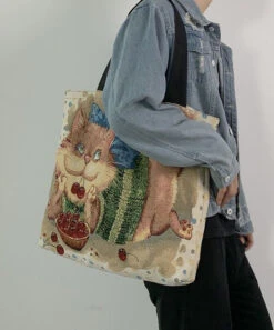 Organic Love Cats Print Patchwork Canvas Oversize Tote Handbag LY1388 -Ada Fashion Organic Love Cats Print Patchwork Canvas Oversize Tote Handbag3