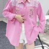 Organic Pink Peter Pan Collar Nail Bead Zircon Patchwork Denim Blouses Long Sleeve LY5239 -Ada Fashion Organic Pink Peter Pan Collar Nail Bead Zircon Patchwork Denim Blouses Long Sleeve1