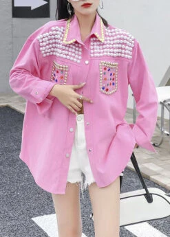 Organic Pink Peter Pan Collar Nail Bead Zircon Patchwork Denim Blouses Long Sleeve LY5239