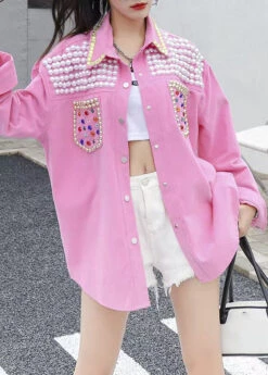 Organic Pink Peter Pan Collar Nail Bead Zircon Patchwork Denim Blouses Long Sleeve LY5239 -Ada Fashion Organic Pink Peter Pan Collar Nail Bead Zircon Patchwork Denim Blouses Long Sleeve3
