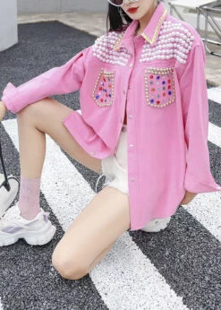 Organic Pink Peter Pan Collar Nail Bead Zircon Patchwork Denim Blouses Long Sleeve LY5239 -Ada Fashion Organic Pink Peter Pan Collar Nail Bead Zircon Patchwork Denim Blouses Long Sleeve4