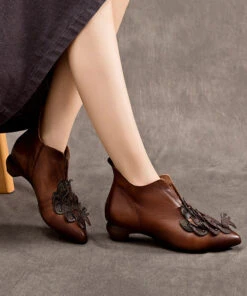Original Design Ethnic Style Coffee Pointed Chunky Boots ML1723