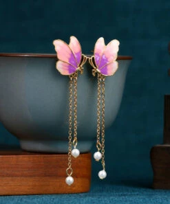 Original Design Gradient Color Ancient Gold Pearl Butterfly Tassel Earrings GH1082 -Ada Fashion Original Design Gradient Color Ancient Gold Pearl Butterfly Tassel Earrings3