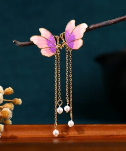 Original Design Gradient Color Ancient Gold Pearl Butterfly Tassel Earrings GH1082 -Ada Fashion Original Design Gradient Color Ancient Gold Pearl Butterfly Tassel Earrings4