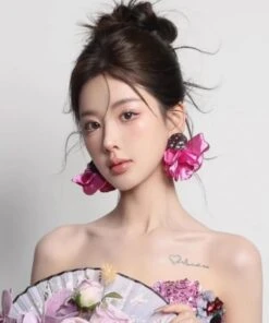 Oversize Purple Fabric Floral Stud Earrings 19543 -Ada Fashion Oversize Purple Fabric Floral Stud Earrings3