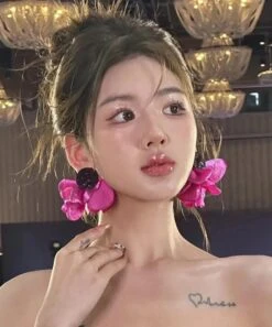 Oversize Purple Fabric Floral Stud Earrings 19543 -Ada Fashion Oversize Purple Fabric Floral Stud Earrings5