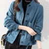 Peacock Blue Pockets Patchwork Cotton Coats Stand Collar Fall LY9900