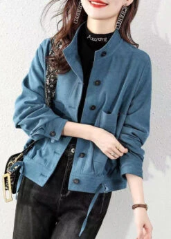 Peacock Blue Pockets Patchwork Cotton Coats Stand Collar Fall LY9900