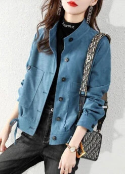 Peacock Blue Pockets Patchwork Cotton Coats Stand Collar Fall LY9900 -Ada Fashion Peacock Blue Pockets Patchwork Cotton Coats Stand Collar Fall3