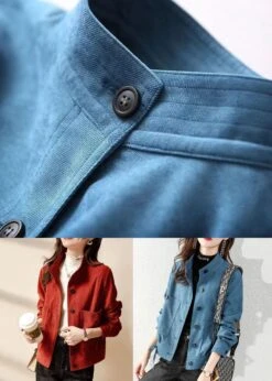 Peacock Blue Pockets Patchwork Cotton Coats Stand Collar Fall LY9900 -Ada Fashion Peacock Blue Pockets Patchwork Cotton Coats Stand Collar Fall5