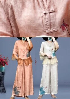 Pink Embroideried Button Linen Shirts And Wide Leg Pants Linen Summer TI1012 -Ada Fashion Pink Embroideried Button Linen Shirts And Wide Leg Pants Linen Summer5
