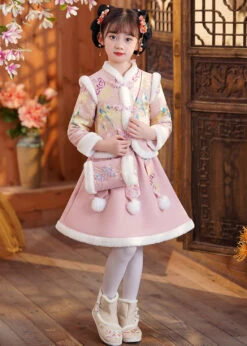 Pink Stand Collar Button Coats And Skirts Two Pieces Set Winter ML0188