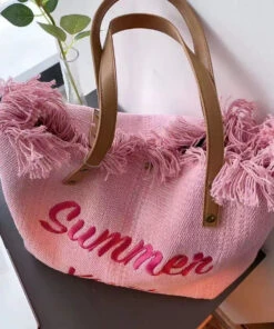 Pink Tassel Patchwork Letter Embroidery Canvas Tote Handbag LY1387 -Ada Fashion Pink Tassel Patchwork Letter Embroidery Canvas Tote Handbag3