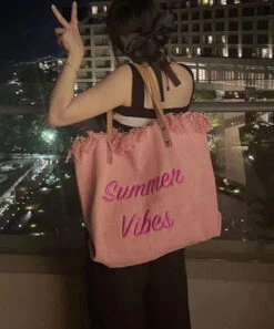 Pink Tassel Patchwork Letter Embroidery Canvas Tote Handbag LY1387 -Ada Fashion Pink Tassel Patchwork Letter Embroidery Canvas Tote Handbag5