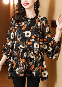 Plus Size Black Floral Wrinkled Patchwork Chiffon Blouse Top Summer LY6960