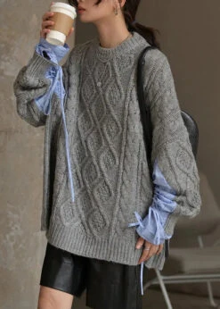 Plus Size Black O Neck DrawstringCotton Knit Sweaters Fall ML3309