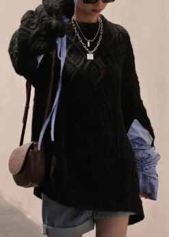 Plus Size Black O Neck DrawstringCotton Knit Sweaters Fall ML3309 -Ada Fashion Plus Size Black O Neck Drawstring Cotton Knit Sweaters Fall Ada Fashion 170459497