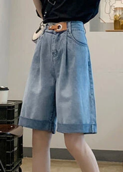 Plus Size Blue Pockets Patchwork Sashes Shorts Summer LY5246 -Ada Fashion Plus Size Blue Pockets Patchwork Sashes Shorts Summer5