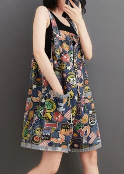 Plus Size Blue Print Pockets Patchwork Denim Shorts Jumpsuit Summer LY5651 -Ada Fashion Plus Size Blue Print Pockets Patchwork Denim Shorts Jumpsuit Summer2