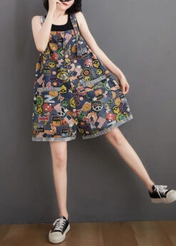 Plus Size Blue Print Pockets Patchwork Denim Shorts Jumpsuit Summer LY5651 -Ada Fashion Plus Size Blue Print Pockets Patchwork Denim Shorts Jumpsuit Summer3