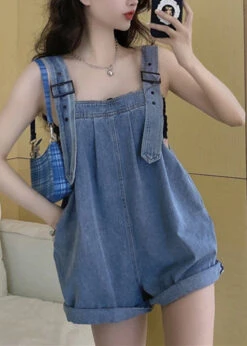 Plus Size Blue Slash Neck Patchwork Button Jumpsuit Pants Summer LY0196