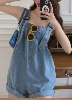 Plus Size Blue Slash Neck Patchwork Button Jumpsuit Pants Summer LY0196 -Ada Fashion Plus Size Blue Slash Neck Patchwork Button Jumpsuit Pants Summer3