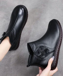 Plus Size Brown Cowhide Leather Warm Fleece Boots Zippered Ankle Boots LY0183 -Ada Fashion Plus Size Brown Cowhide Leather Warm Fleece Boots Zippered Ankle Boots3