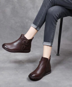 Plus Size Brown Cowhide Leather Warm Fleece Boots Zippered Ankle Boots LY0183 -Ada Fashion Plus Size Brown Cowhide Leather Warm Fleece Boots Zippered Ankle Boots4