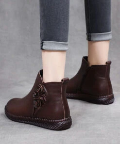 Plus Size Brown Cowhide Leather Warm Fleece Boots Zippered Ankle Boots LY0183 -Ada Fashion Plus Size Brown Cowhide Leather Warm Fleece Boots Zippered Ankle Boots5