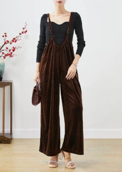 Plus Size Brown Oversized Silk Velour Wide Leg Strap Pants Fall LY9828