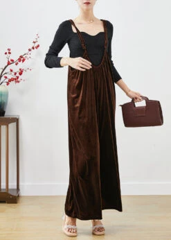 Plus Size Brown Oversized Silk Velour Wide Leg Strap Pants Fall LY9828 -Ada Fashion Plus Size Brown Oversized Silk Velour Wide Leg Strap Pants Fall3