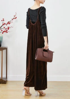 Plus Size Brown Oversized Silk Velour Wide Leg Strap Pants Fall LY9828 -Ada Fashion Plus Size Brown Oversized Silk Velour Wide Leg Strap Pants Fall4