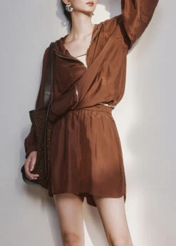 Plus Size Brown Zippered Cinched Hooded UPF 50+ Coat And Shorts Two Pieces Set Summer LY9372 -Ada Fashion Plus Size Brown Zippered Cinched Hooded UPF 50 Coat And Shorts Two Pieces Set Summer1