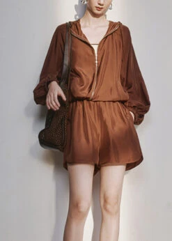 Plus Size Brown Zippered Cinched Hooded UPF 50+ Coat And Shorts Two Pieces Set Summer LY9372 -Ada Fashion Plus Size Brown Zippered Cinched Hooded UPF 50 Coat And Shorts Two Pieces Set Summer2