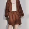 Plus Size Brown Zippered Cinched Hooded UPF 50+ Coat And Shorts Two Pieces Set Summer LY9372