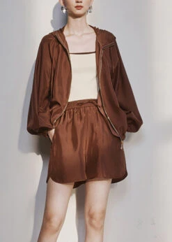Plus Size Brown Zippered Cinched Hooded UPF 50+ Coat And Shorts Two Pieces Set Summer LY9372