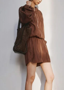 Plus Size Brown Zippered Cinched Hooded UPF 50+ Coat And Shorts Two Pieces Set Summer LY9372 -Ada Fashion Plus Size Brown Zippered Cinched Hooded UPF 50 Coat And Shorts Two Pieces Set Summer5