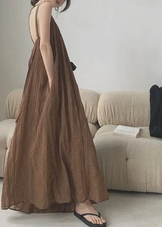 Plus Size Coffee Backless Wrinkled Patchwork Cotton Jumpsuits Sleeveless LY9064 3 Plus Size Coffee Backless Wrinkled Patchwork Cotton Jumpsuits Sleeveless LY9064