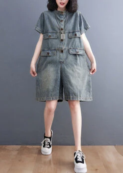 Plus Size Denim Blue O-Neck Patchwork Button Jumpsuits Short Sleeve LY5247 -Ada Fashion Plus Size Denim Blue O Neck Patchwork Button Jumpsuits Short Sleeve2