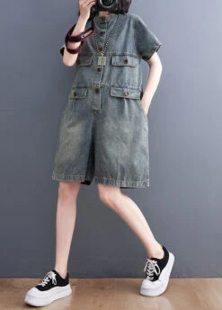 Plus Size Denim Blue O-Neck Patchwork Button Jumpsuits Short Sleeve LY5247 -Ada Fashion Plus Size Denim Blue O Neck Patchwork Button Jumpsuits Short Sleeve3