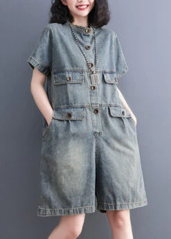 Plus Size Denim Blue O-Neck Patchwork Button Jumpsuits Short Sleeve LY5247 -Ada Fashion Plus Size Denim Blue O Neck Patchwork Button Jumpsuits Short Sleeve5